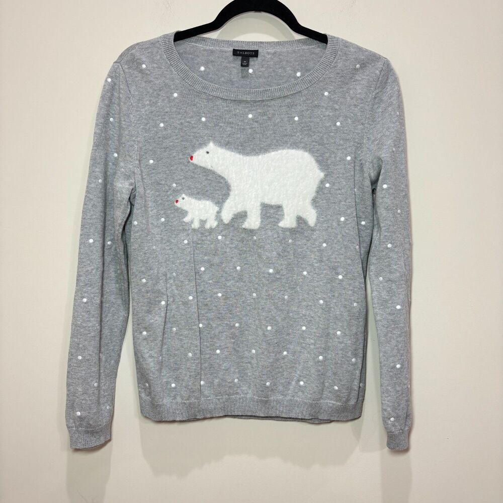 Talbots Polar Bear Sweater M Gray Polka Dots Crewneck Apres Ski Festive Holidays